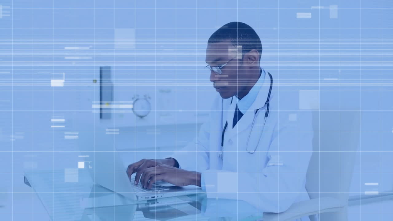 Doctor typing at laptop in medical office, displaying floating data graphs and grid overlay