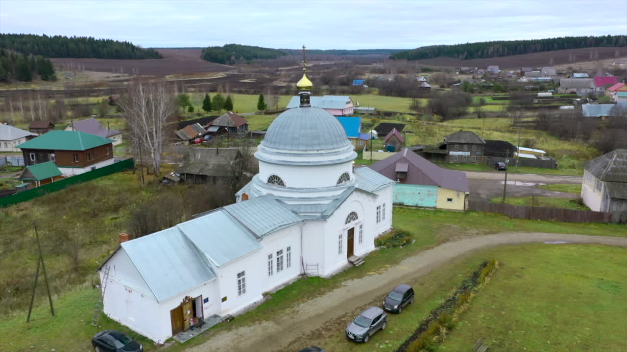Aerial view of a Russian village church
