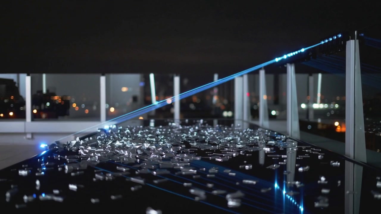 Appearing blue point left, sending diagonal beams anchoring balcony posts tabletop mirroring silver