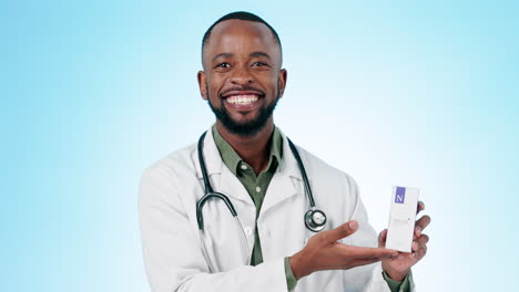 Black-man,-doctor-and-pointing-to-medication