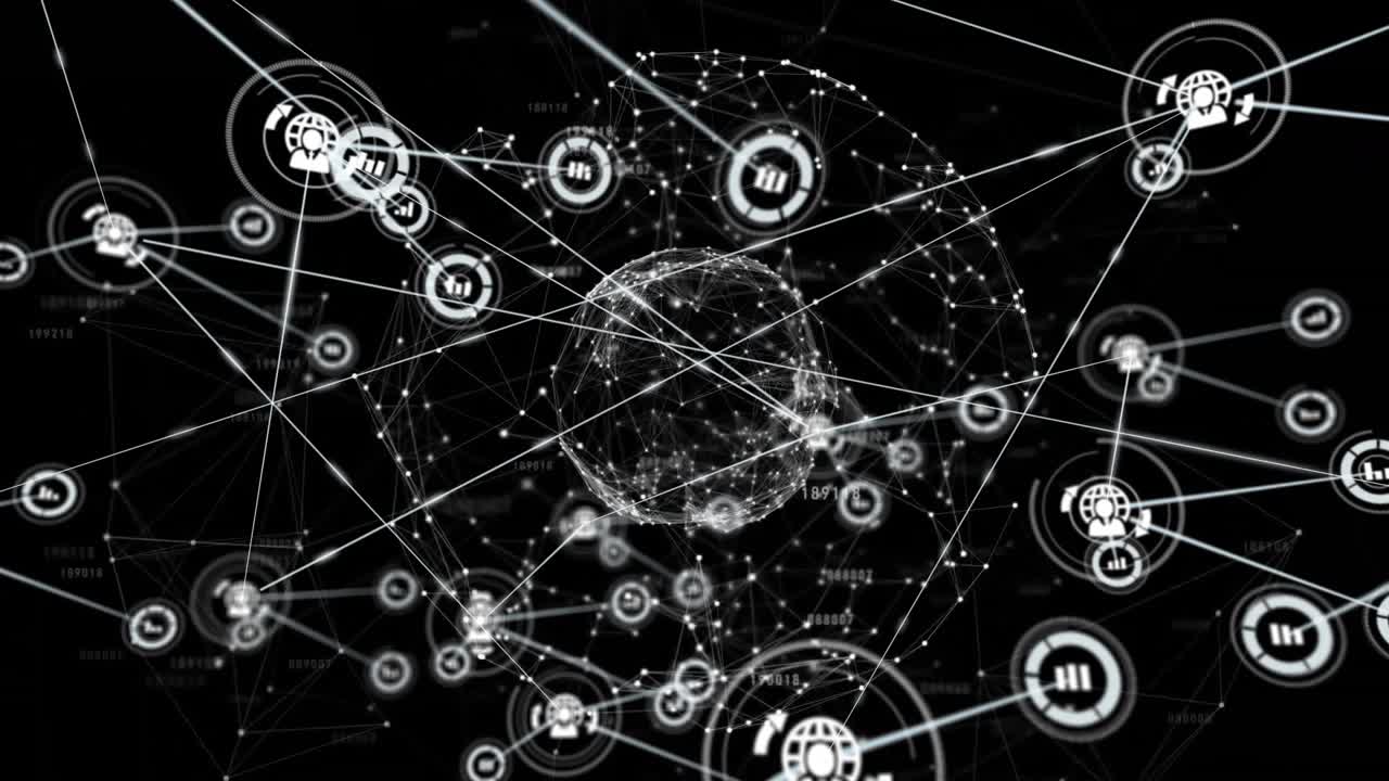 White points coalescing into rotating sphere, user data icons branching expanding global network