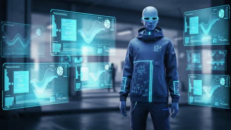 futuristic virtual character in a tech-infused environment showcasing advanced data visualizations and interactive holographic displays