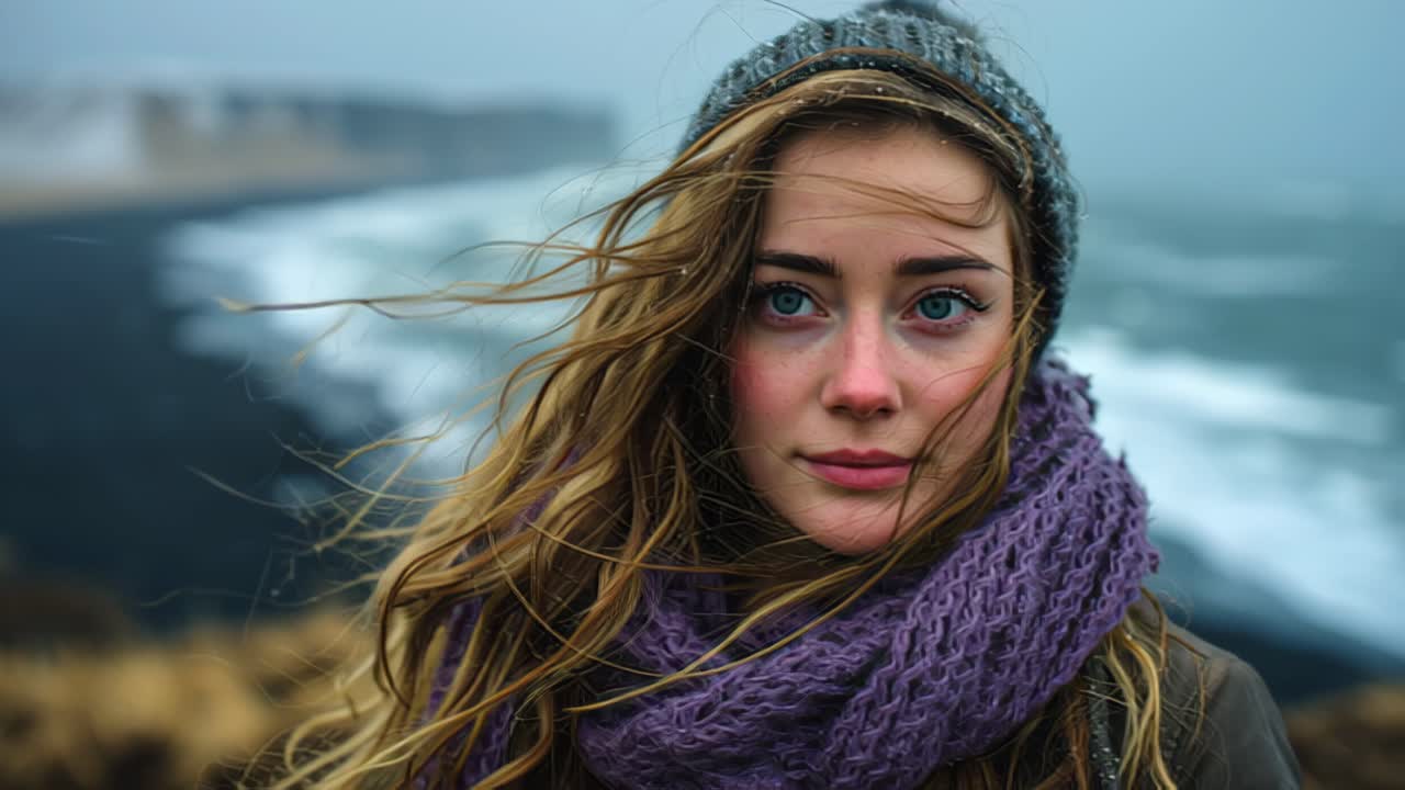 Riprese in primo piano di una giovane donna con i capelli scompigliati dal vento, cappello di lana e sciarpa, in piedi su una costa oceanica fredda e tempestosa, che guarda nella telecamera con un'espressione pensierosa ed emotiva