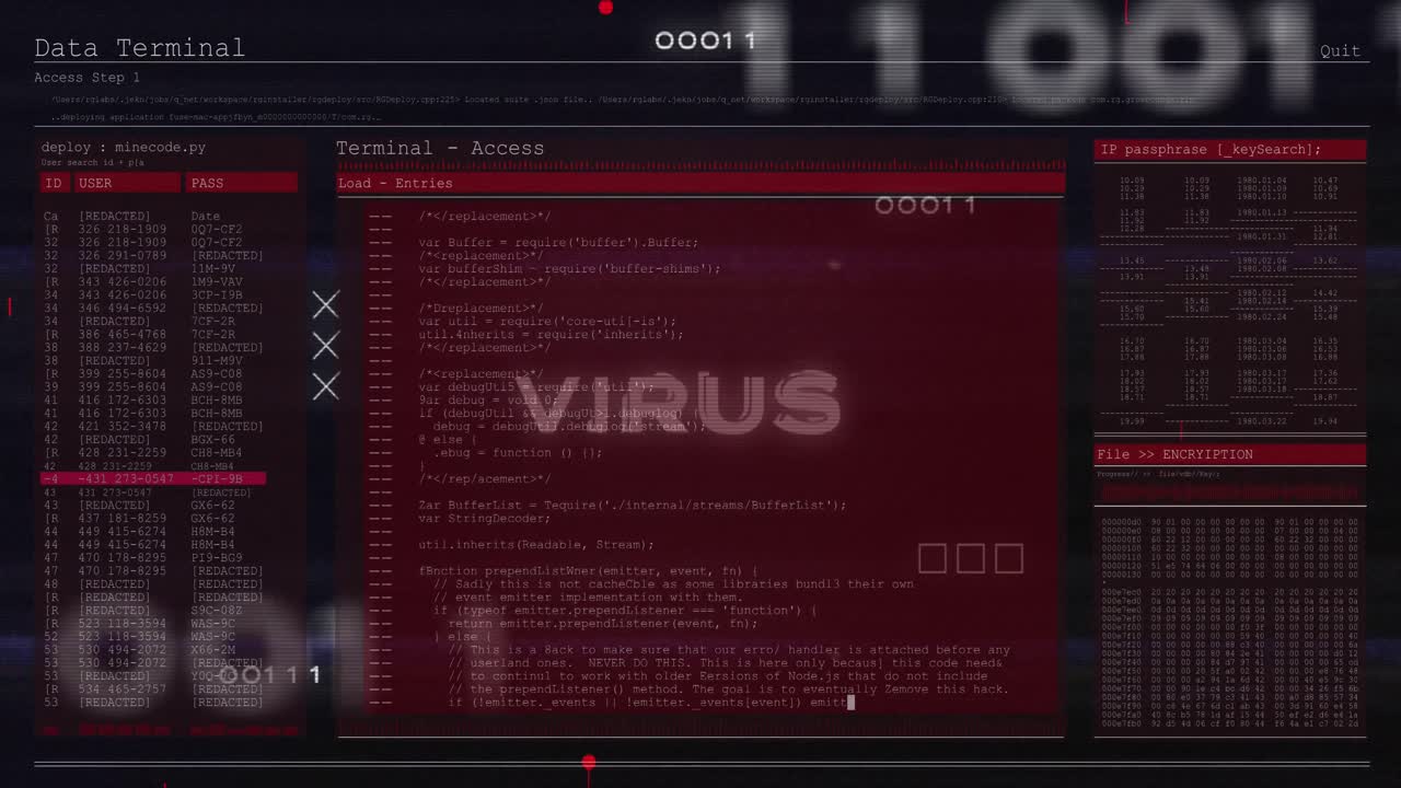 animación de texto de virus y procesamiento de datos en la placa base de la computadora.