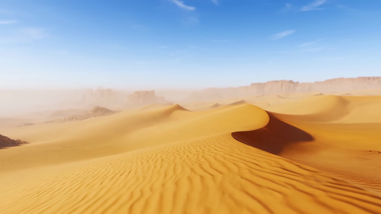 Golden Sand Dunes Under Clear Sky, Cinematic Aerial Panorama Capturing Rippled Textures Across Windsculpted