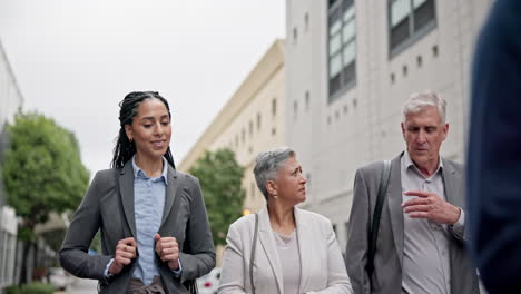 Urban-city,-walking-and-group-of-business-people