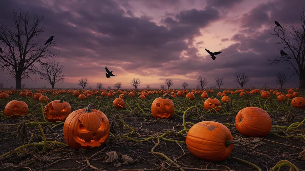 A Spooky Halloween Evening with Eerie Pumpkins and Mysterious Crows in a Twilight Pumpkin Patch Emphasizing the Essence of Autumn and Festivity