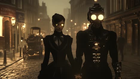 steampunk couple in a victorian city