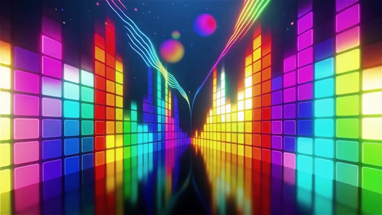 Sfondo visualizzatore equalizzatore musicale neon arcobaleno futuristico.
