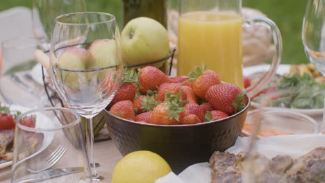 close up of a dining table with variety of food and drinks for an outdoor party in the park 4