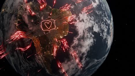 planet earth showing south america with heart icon in chat bubble and red digital network lines. social media interaction and global communication concept for poster and wallpaper.