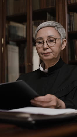 female judge reviewing documents in a library