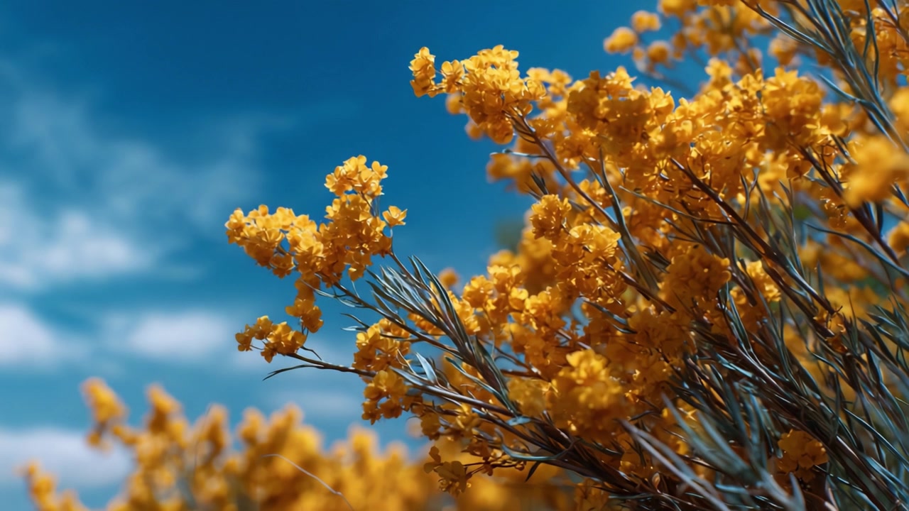 Flores Amarelas Vibrantes Sob um Céu Azul: Uma Exploração Detalhada da Beleza da Natureza com uma Exibição Exuberante de Flores e Ricas Texturas Contra um Fundo Brilhante