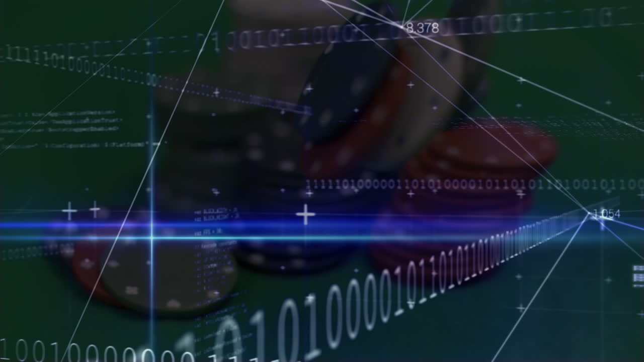 animación del procesamiento de datos y codificación binaria sobre fichas de casino