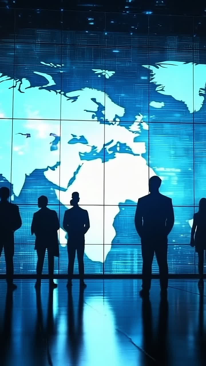 Pros with world map backdrop. A group of professionals silhouettes stands in front of a glowing world map during a business event at night.