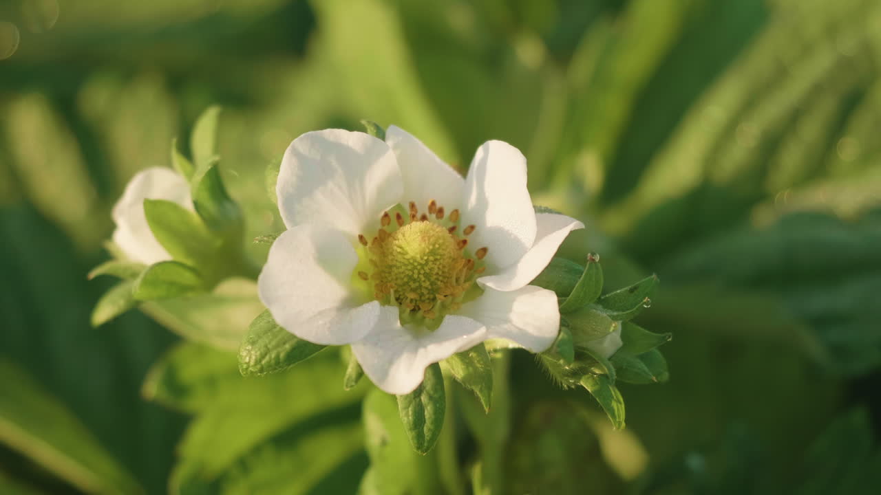 Flower of a strawberry blooming in a German field at daytime in the sunshine, handheld gimbal movement