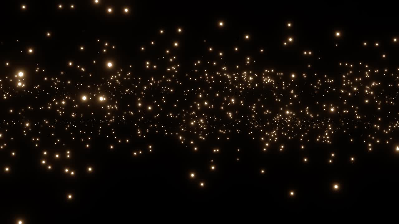 bellissime particelle d'oro che brillano su uno sfondo nero. animazione 3d di particelle dinamiche. animazione video 4k
