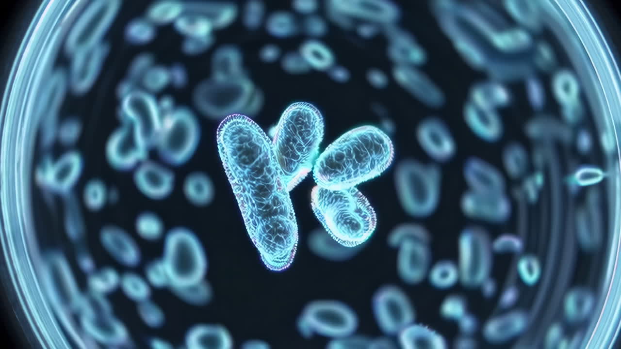 Microscopic View of Blue Glowing Microorganisms in Fluid