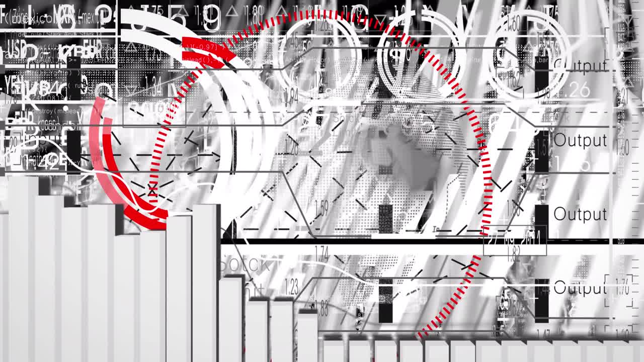 animación del círculo rojo y la técnica de glitch, gráficos y alfabetos en el tablero de negociación.