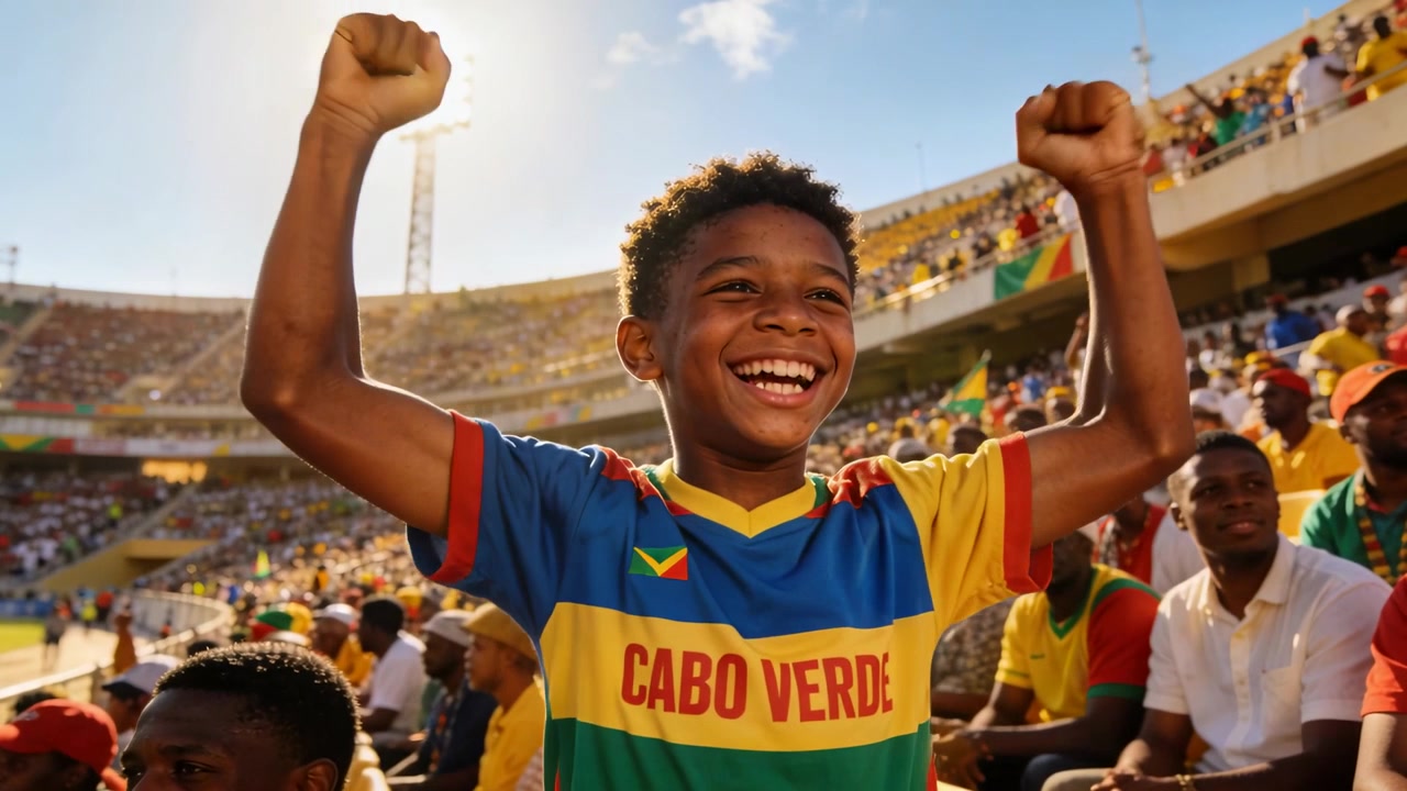Ragazzo esultante che indossa una maglia di CABO VERDE che reagisce a un momento della partita, alzando le braccia nello stadio con le bandiere.