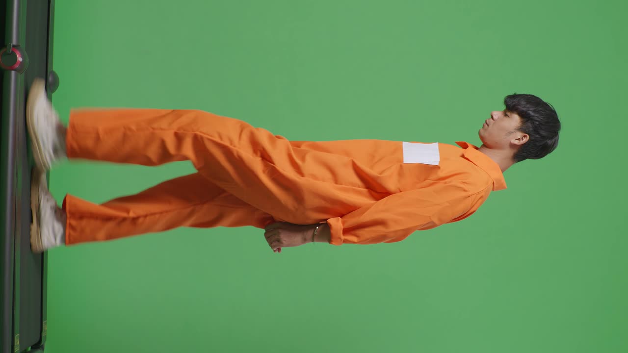 면 뷰: 손에 인 아시아 남성 죄수의 몸 전체가 녹색 스크린 배경에서 고 있습니다.