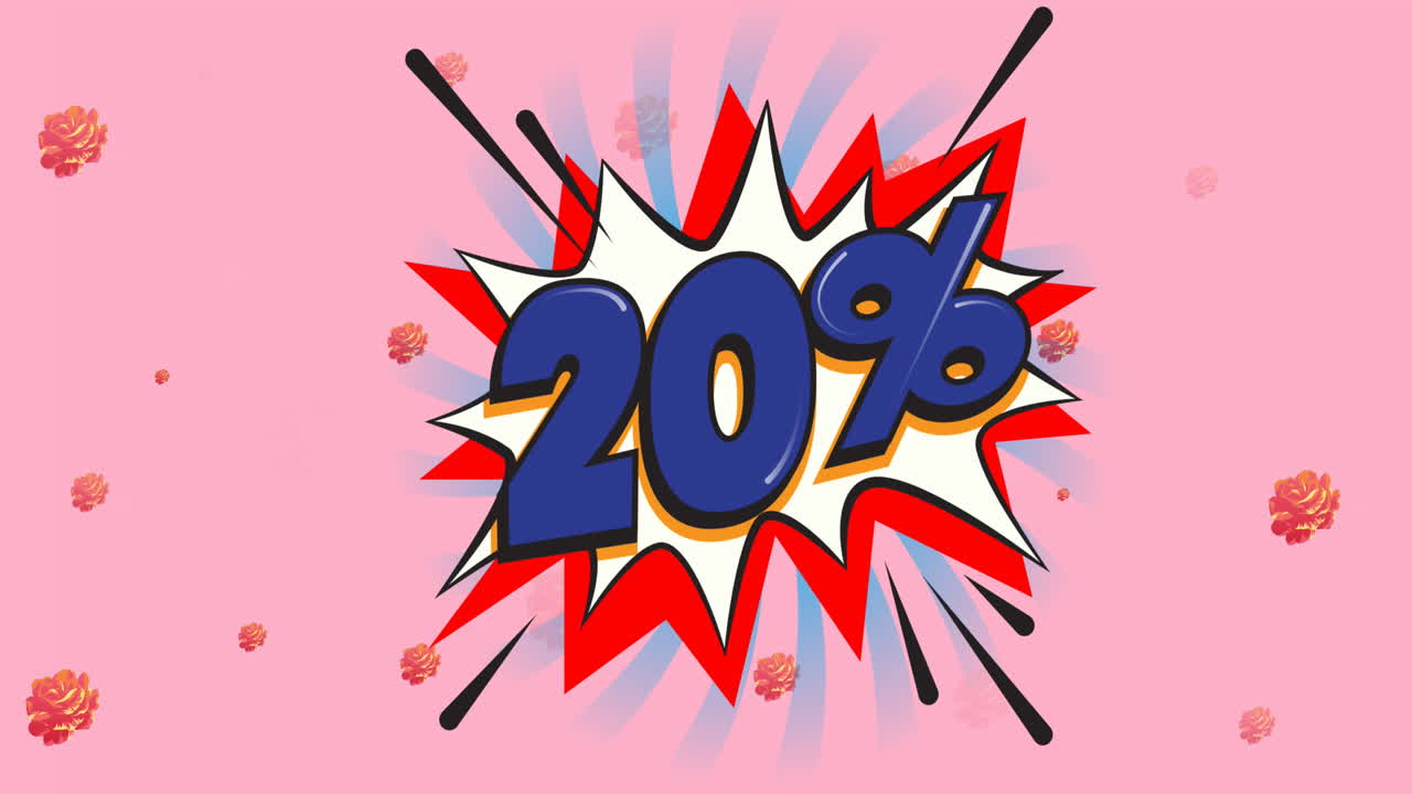 핑크색 배경에 꽃 위에 20%의 텍스트의 애니메이션