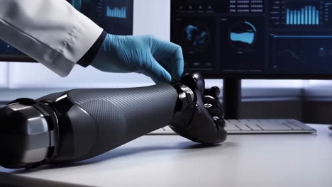 scientist interacting with a robotic prosthetic arm