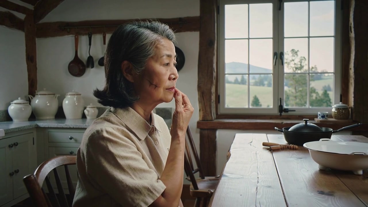 Checking skin, senior Asian woman in tan shirt pressing, rubbing left cheek at farm table, bowl