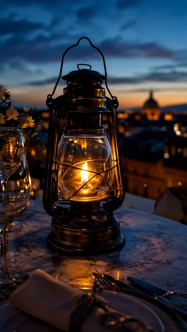 Una lanterna illuminata poggia su una superficie texturizzata durante l'ora blu, mostrando un bagliore caldo tremolante, dettagli metallici e luci urbane distanti a fuoco morbido con composizione verticale e un'atmosfera serale pacifica.