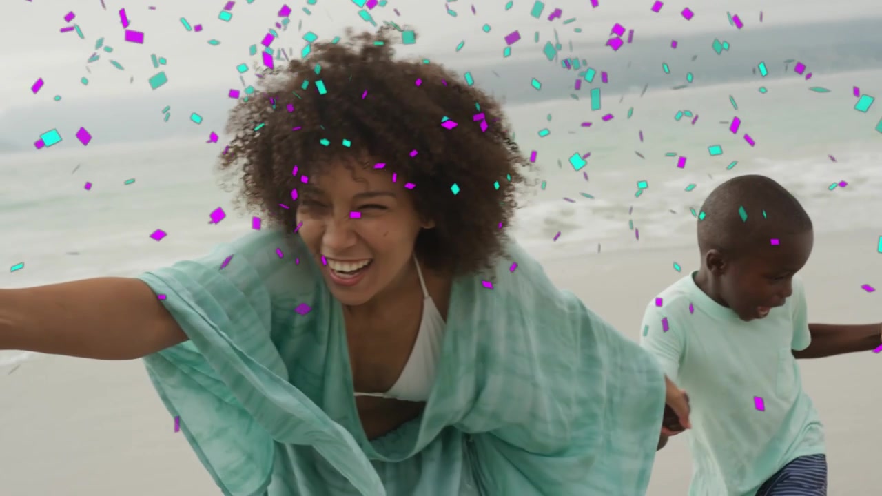 Pair holding hands sparking run woman leading kids along shore confetti showering group for ads