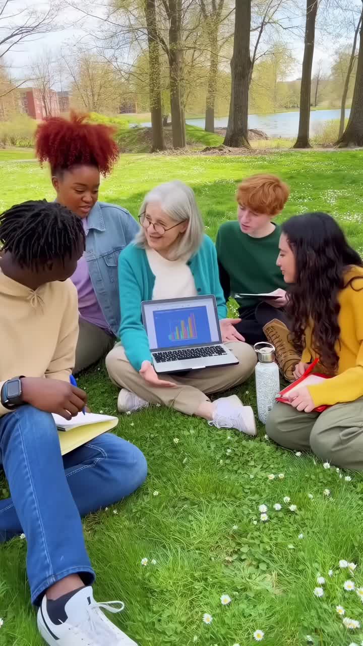 Luftvideo av en mangfoldig gruppe som diskuterer diagrammer på en laptop i en park.