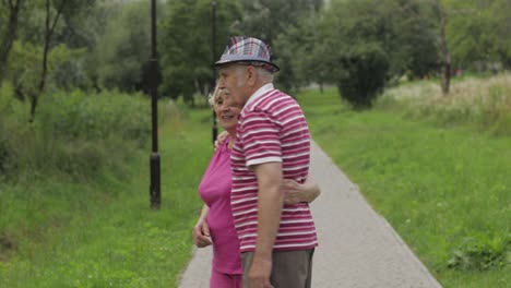 una pareja caucásica anciana caminando en el parque abrazándose. un hombre anciano camina con una mujer. marido, esposa