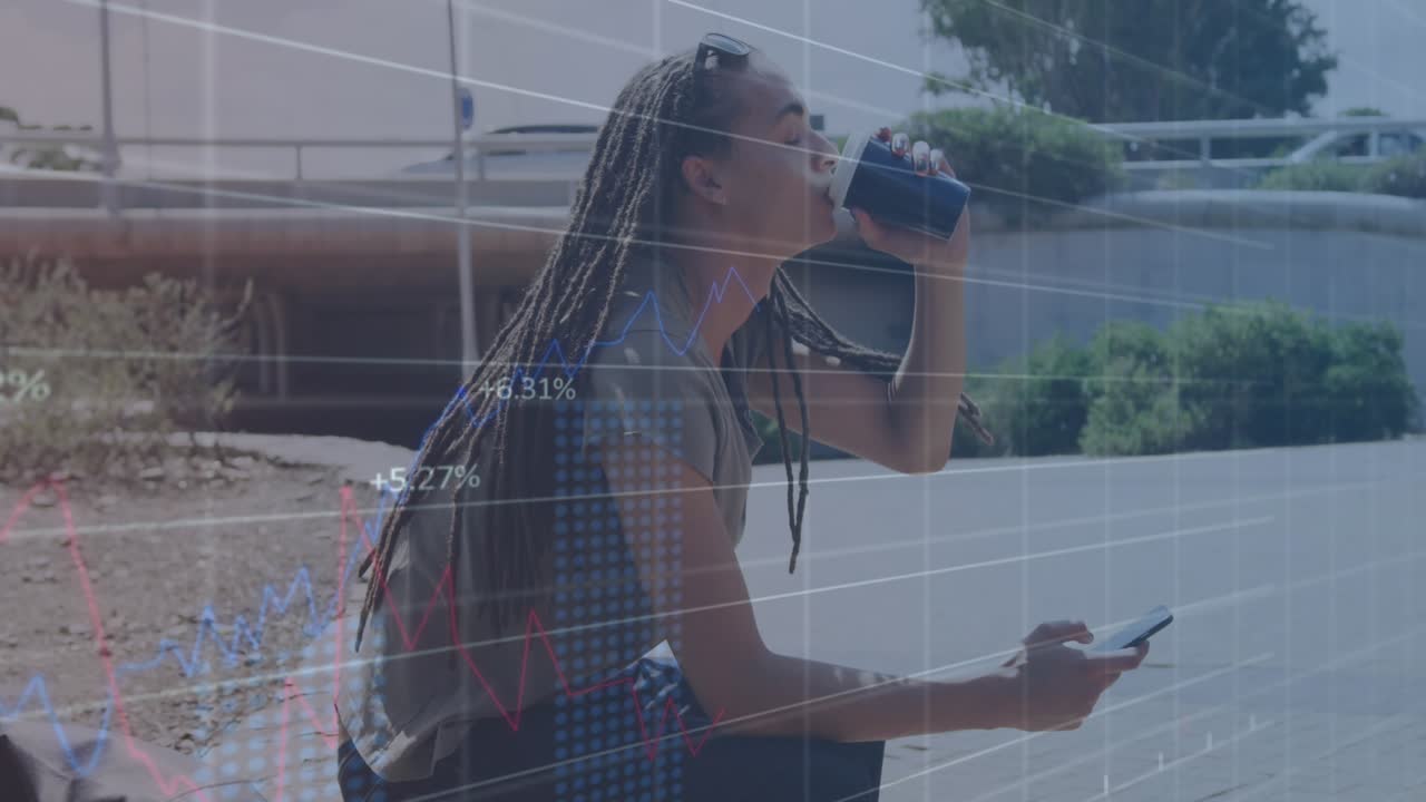 Animation of statistical data processing against man drinking coffee on the street