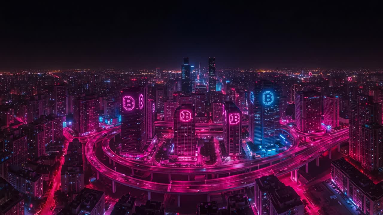 A Stunning Aerial View of a City Bathed in Neon Pink and Blue Lights with Prominent Bitcoin Symbols Illuminating the Urban Landscape at Night