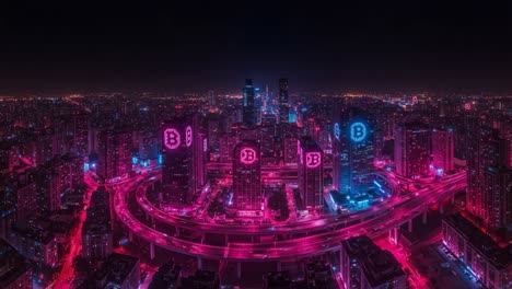 a stunning aerial view of a city bathed in neon pink and blue lights with prominent bitcoin symbols illuminating the urban landscape at night