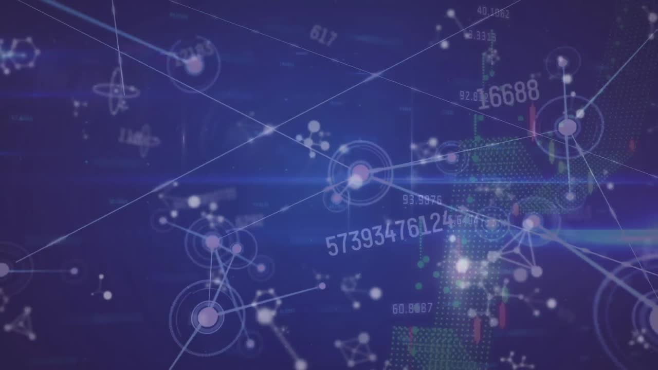 Animazione di elaborazione dati su rete di connessioni su sfondo viola