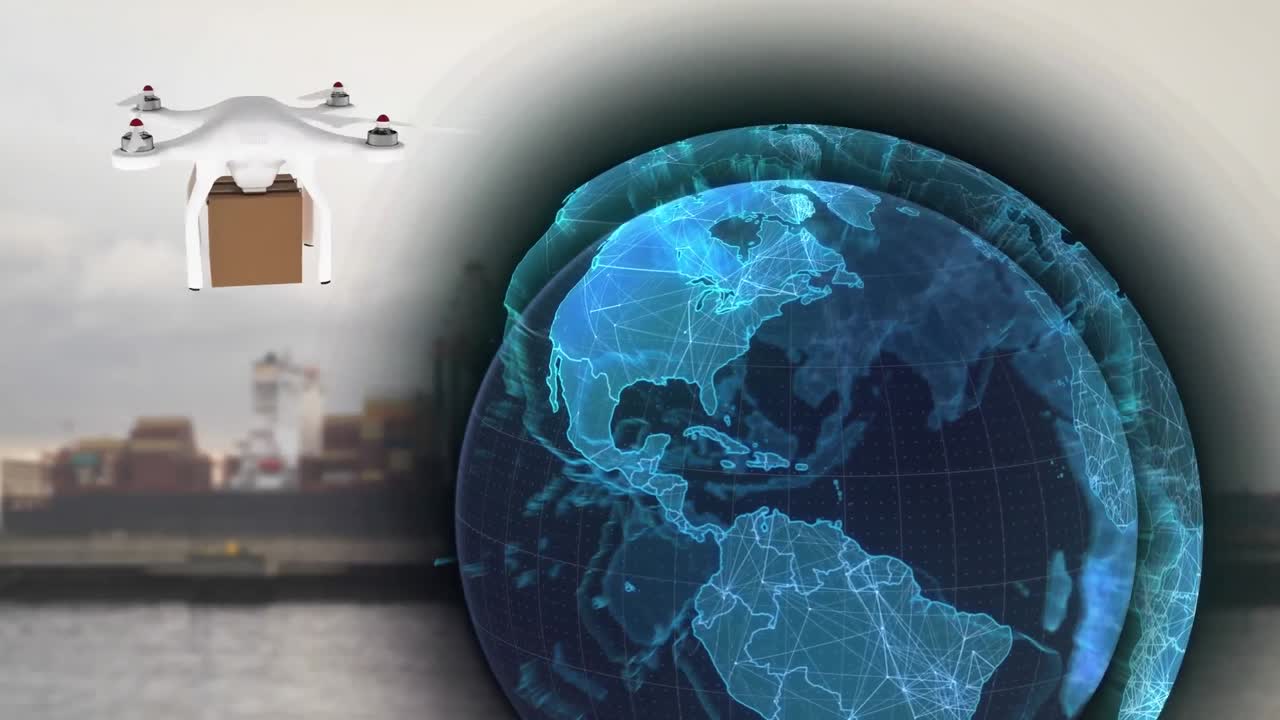 드론을 통한 연결 네트워크의 애니메이션과 조선소를 통한 패키지
