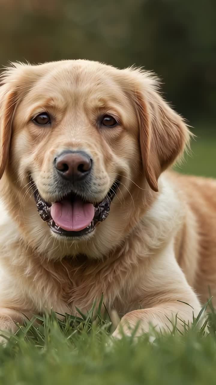 Vertical video: Lying golden dog panting on grass at park, patterned collar with blurred trees