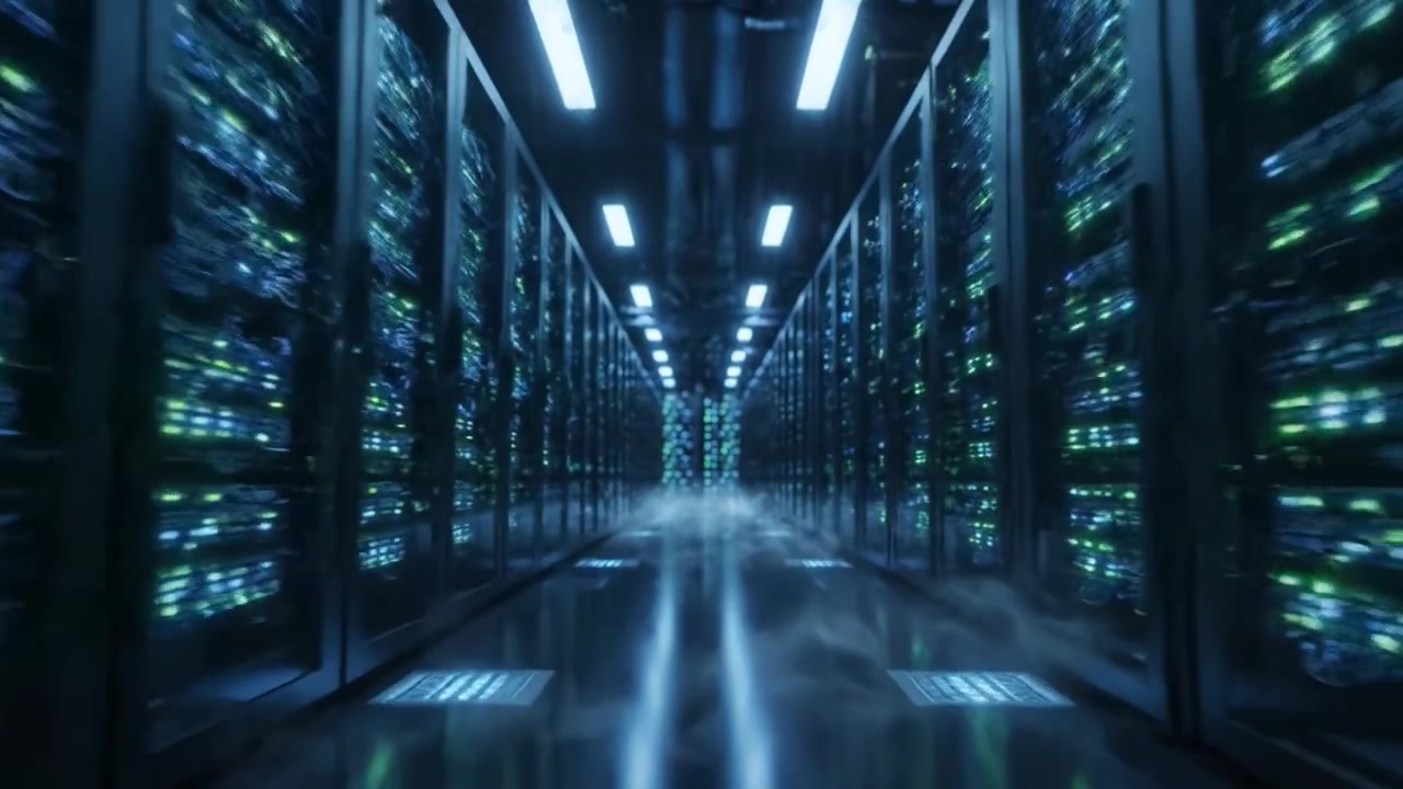 Udforskning af det intense miljø i højtydende datacentre: En rejse gennem rækker af kraftfulde servere og avanceret teknologi.