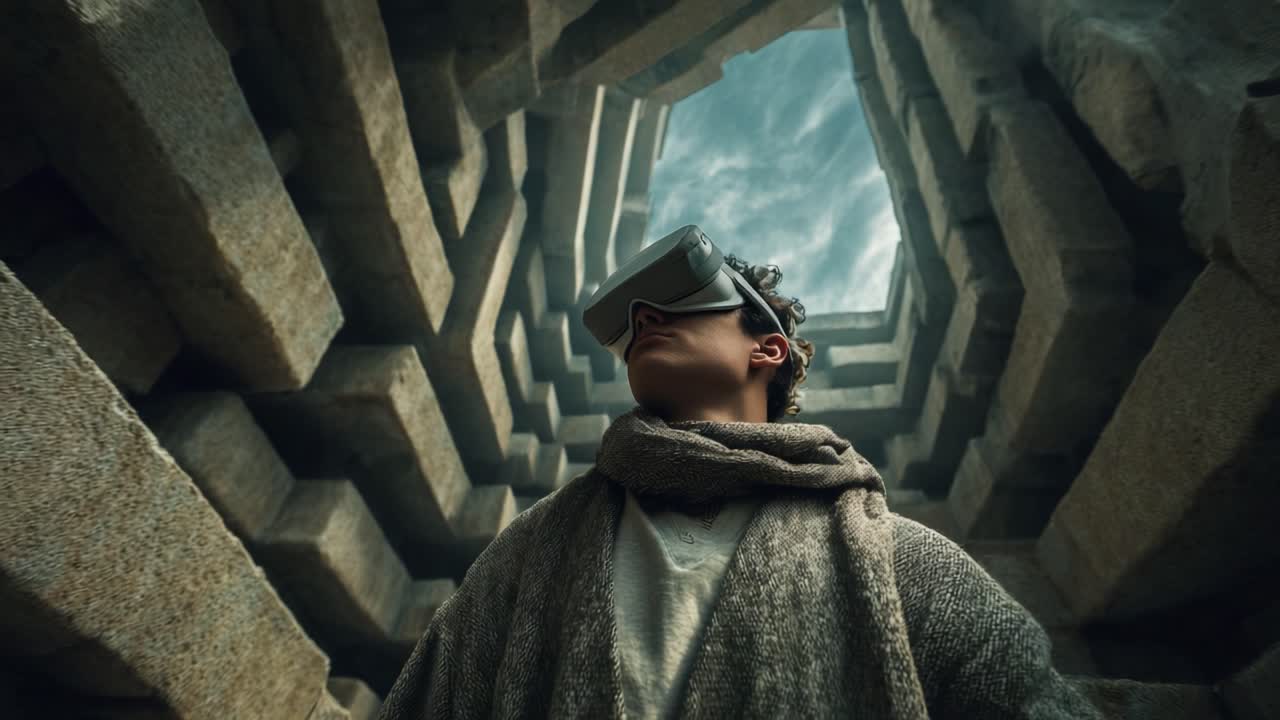 A lone figure stands in awe within a surreal, labyrinthine structure, adorned in a cozy scarf, fully immersed in the experience of virtual reality, with the sky visible through the architectural marvel above