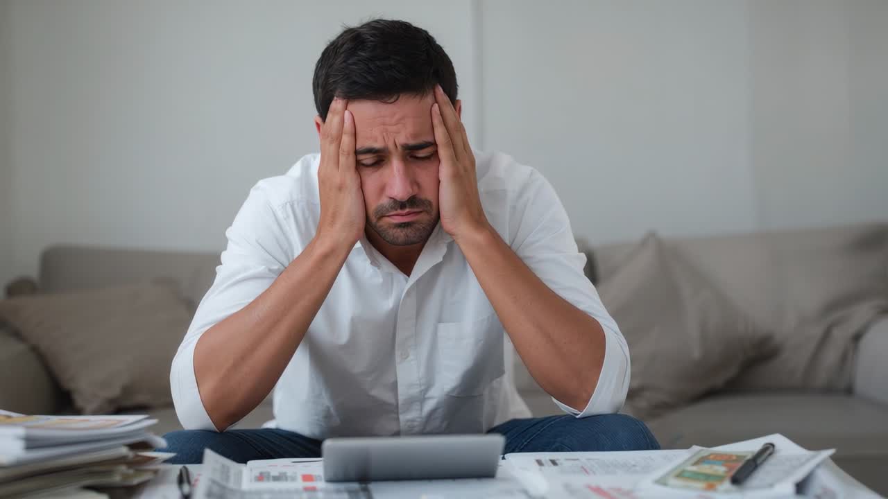Noticing bills, man in white shirt and jeans pressing temples at home with tablet, cash
