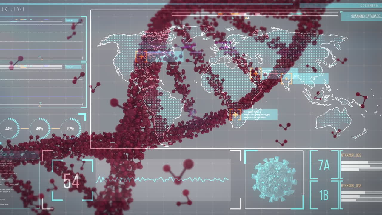 animación de una computadora que muestra un mapa del mundo y gráficos y una célula de covid-19 sobre un adn