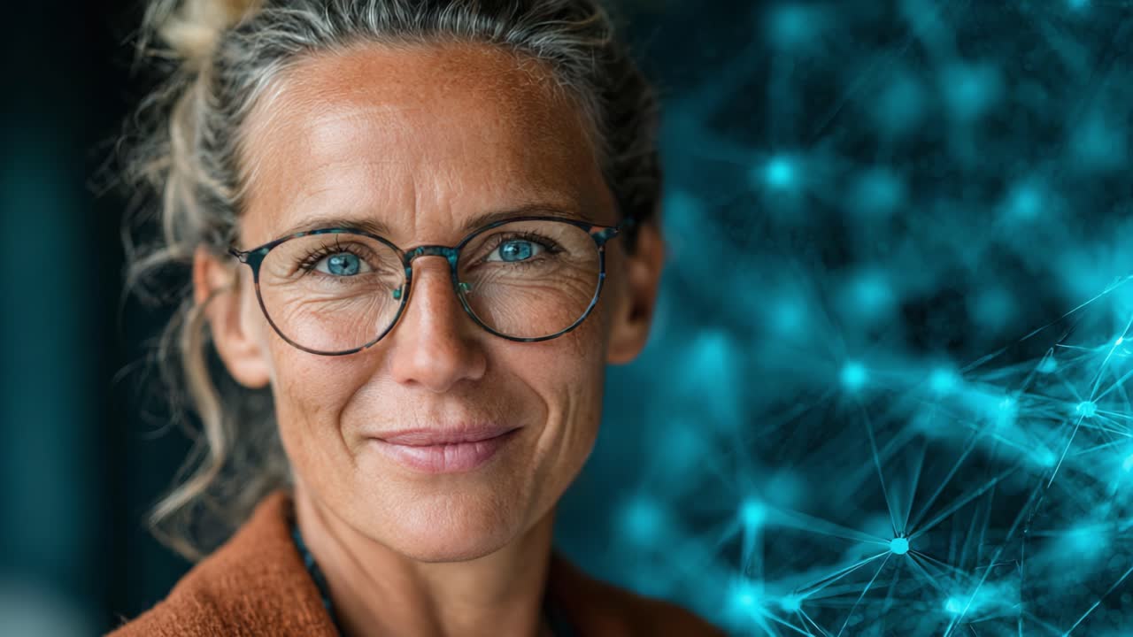 Un momento contemplativo catturato in due inquadrature, che mostrano una donna riflessiva con gli occhiali, che esprime calma e introspezione su uno sfondo digitale vivido.