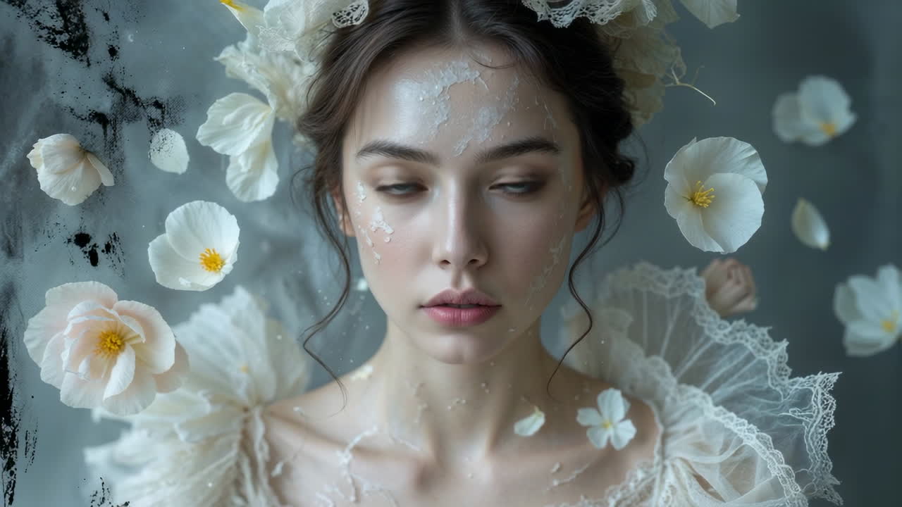 Ethereal Portrait of a Woman Adorned with White Flowers