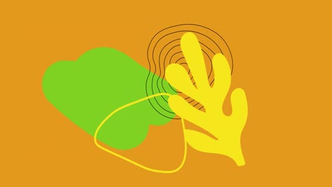 Animation-of-green-and-yellow-abstract-shapes-and-lines-moving-on-orange-background