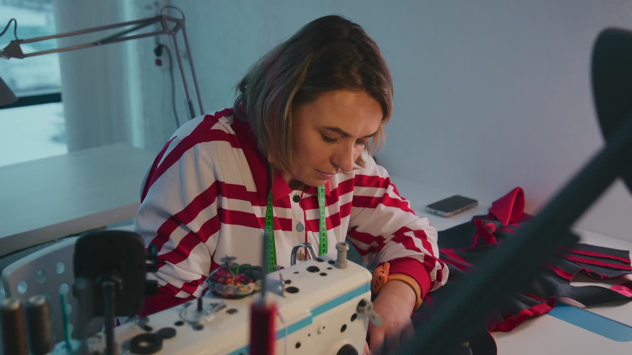 Woman sews fabric with focused attention. She wears striped shirt and green lanyard. Room lit by natural daylight. Sewing machine sits on cluttered workbench. Tools and threads surround her workspace
