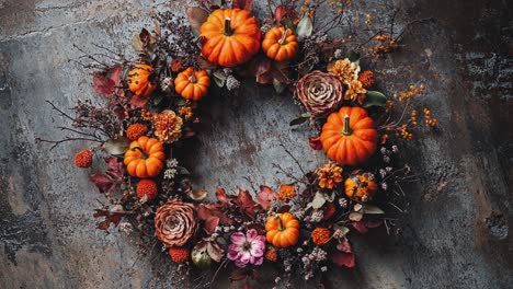 Autumnal-Wreath-with-Pumpkins-and-Flowers-on-Rustic-Background