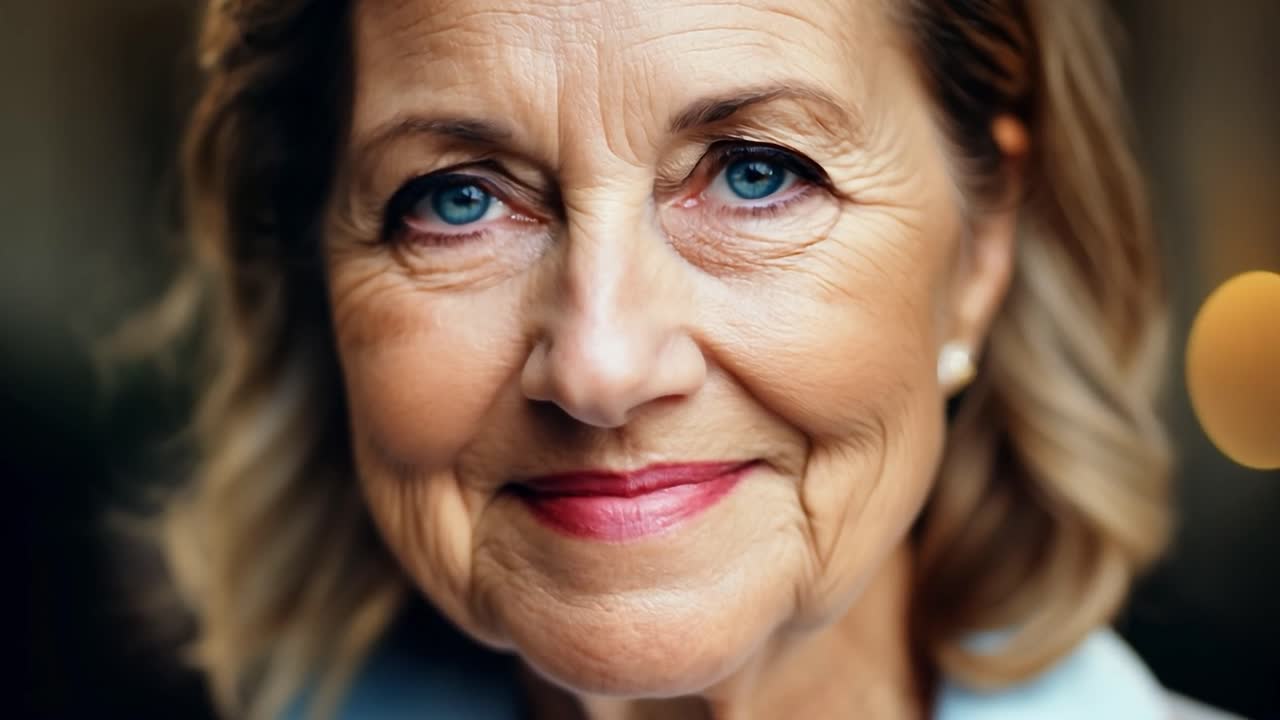 Close-up portrait of a smiling senior woman with blue eyes