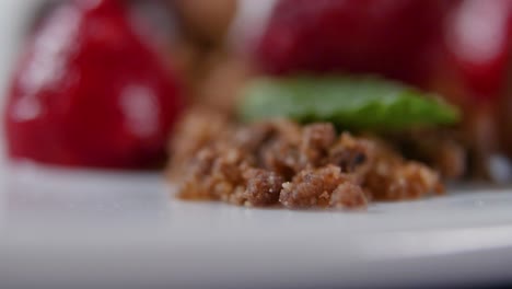 close-up of a chocolate dessert with raspberries and mint