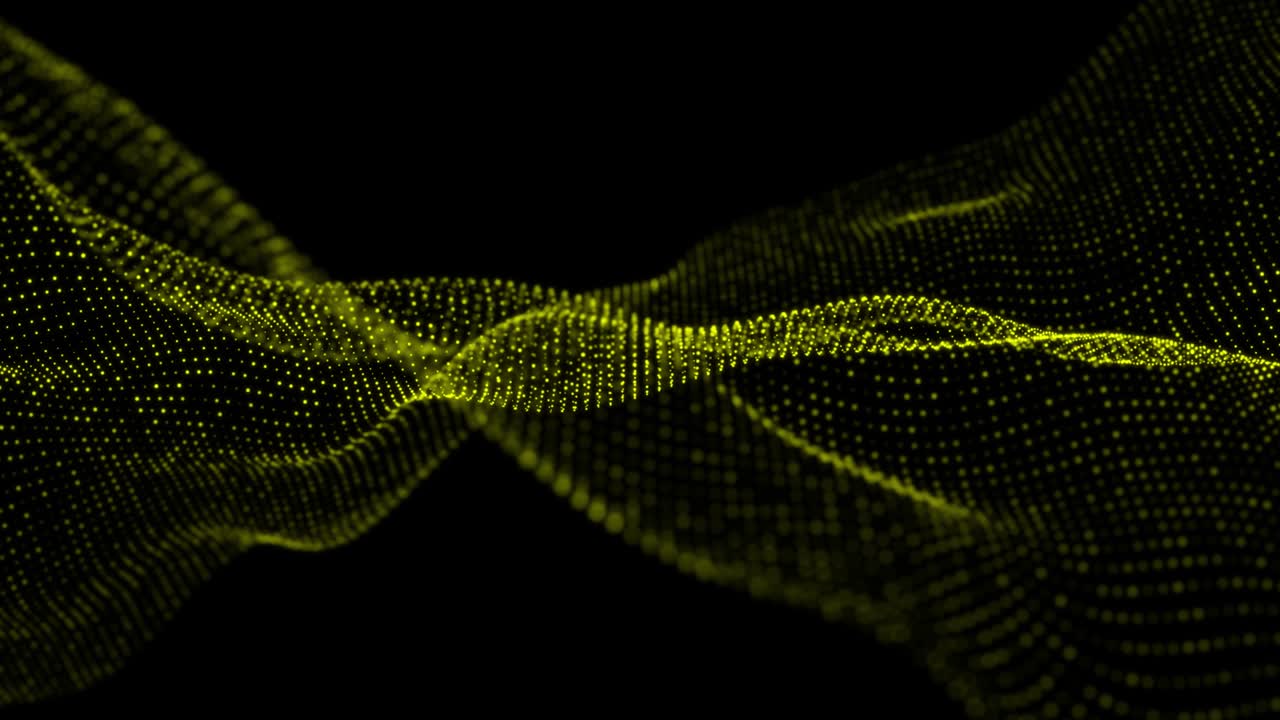 4K, Data movements of dust particles floating in infinity, Seamless Loop. Technology digital wave background concept.Beautiful motion waving dots texture with glowing defocused particles. Cyber or technology background. Yellow Color